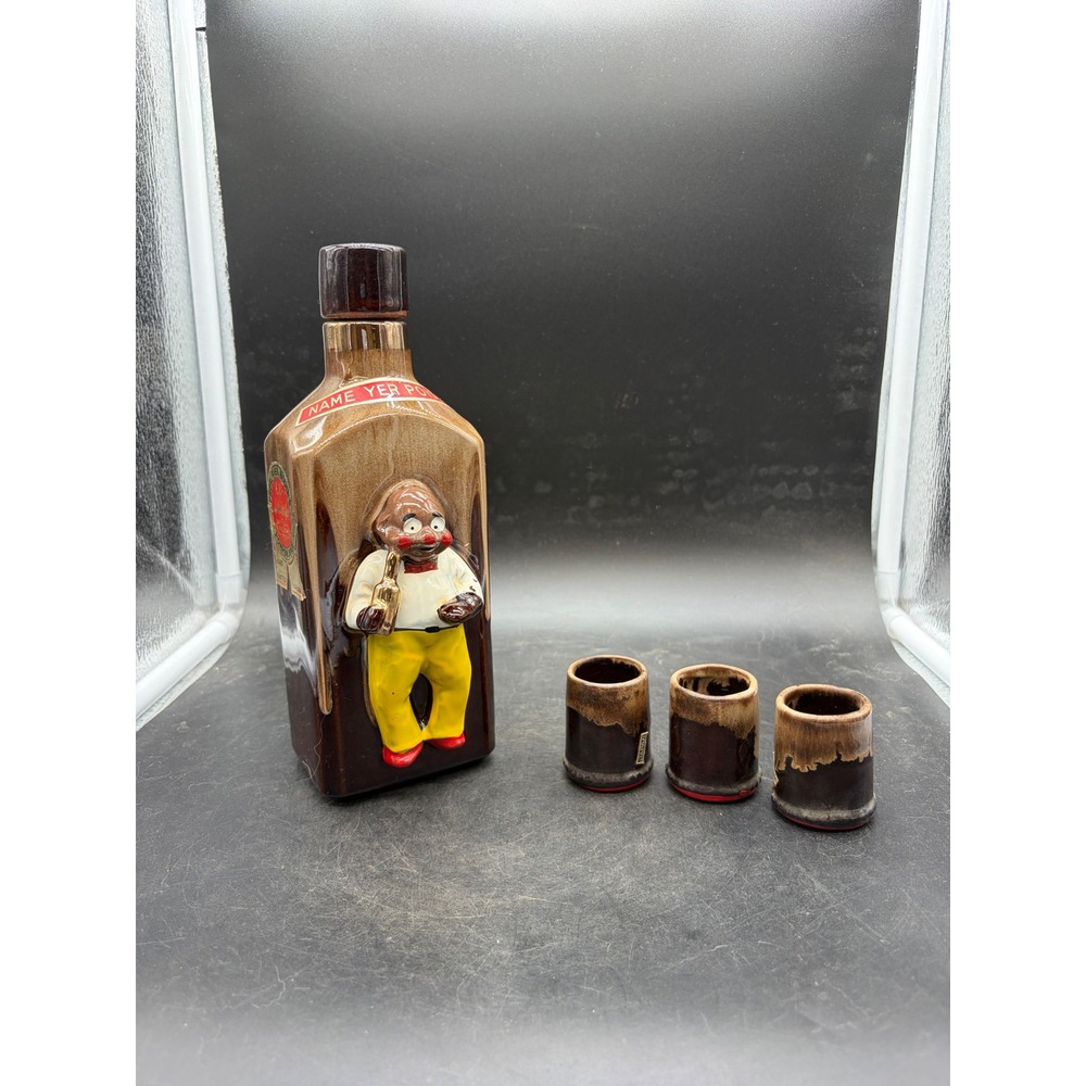 Vintage Ceramic Decanter Set Name Yer Poison Jungle Juice Japan Barware 4pc
